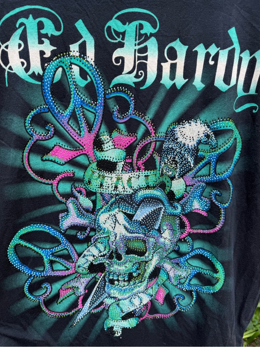 Ed Hardy Black Short-Sleeve Graphic Tee with Teal & Pink Accents - Picture 2 of 5